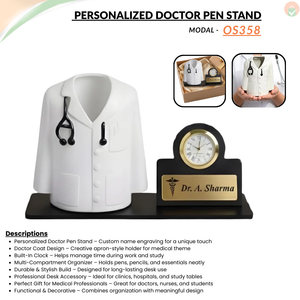 Personalized Doctor Pen Stand with Name Clock – Customized Desk Organizer for Doctors