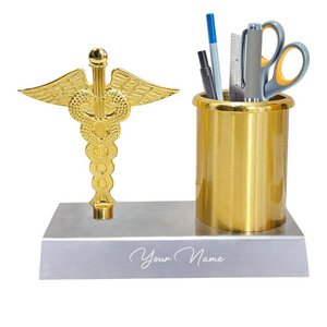 Personalized Doctor Symbol Pen Stand – Golden Caduceus Desk Organizer offistoreindia