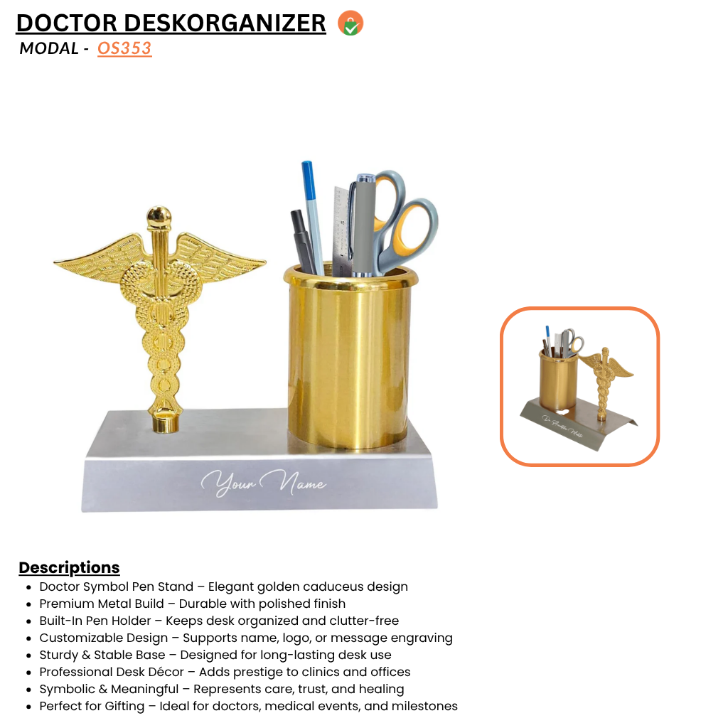 Personalized Doctor Symbol Pen Stand – Golden Caduceus Desk Organizer