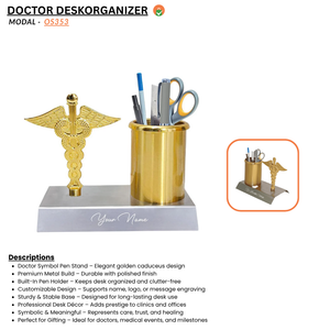 Personalized Doctor Symbol Pen Stand – Golden Caduceus Desk Organizer