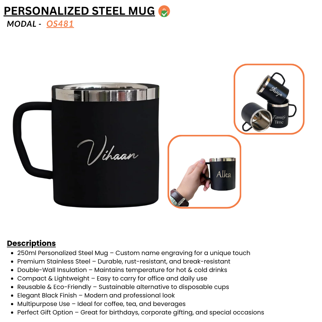 Personalized Name Stainless Steel Mug 250 ml (Black) offistoreindia