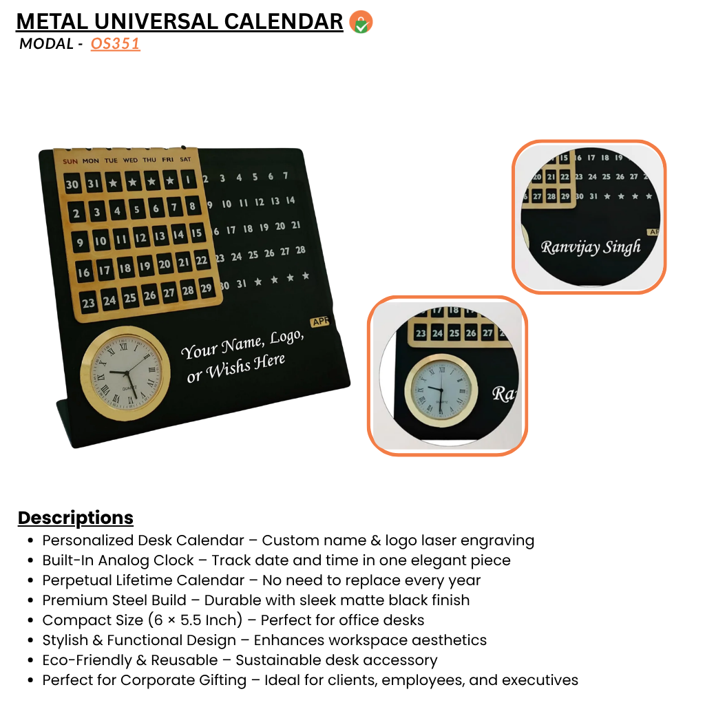 Personalized Steel Infinity Desk Calendar with Clock – Lifetime Perpetual Calendar