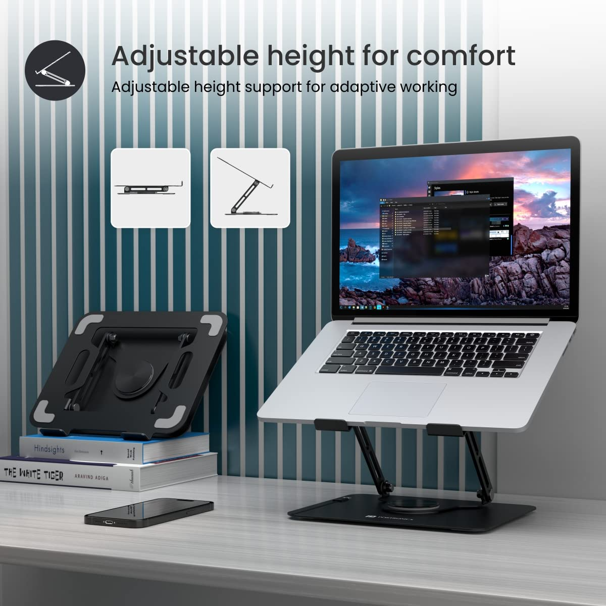 Portable Laptop Stand – Adjustable Height 360° Rotating Base Ventilated Anti-Slip Design (Black) offistoreindia