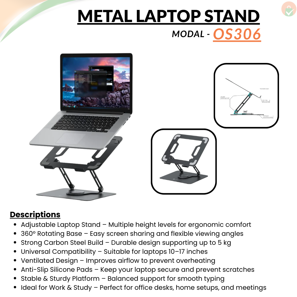 Portable Laptop Stand – Adjustable Height 360° Rotating Base Ventilated Anti-Slip Design (Black)