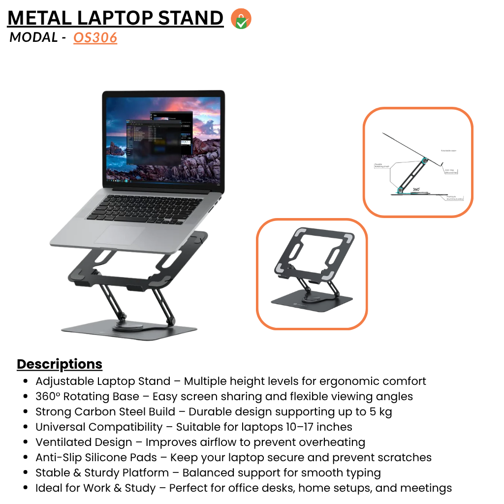Portable Laptop Stand – Adjustable Height 360° Rotating Base Ventilated Anti-Slip Design (Black)