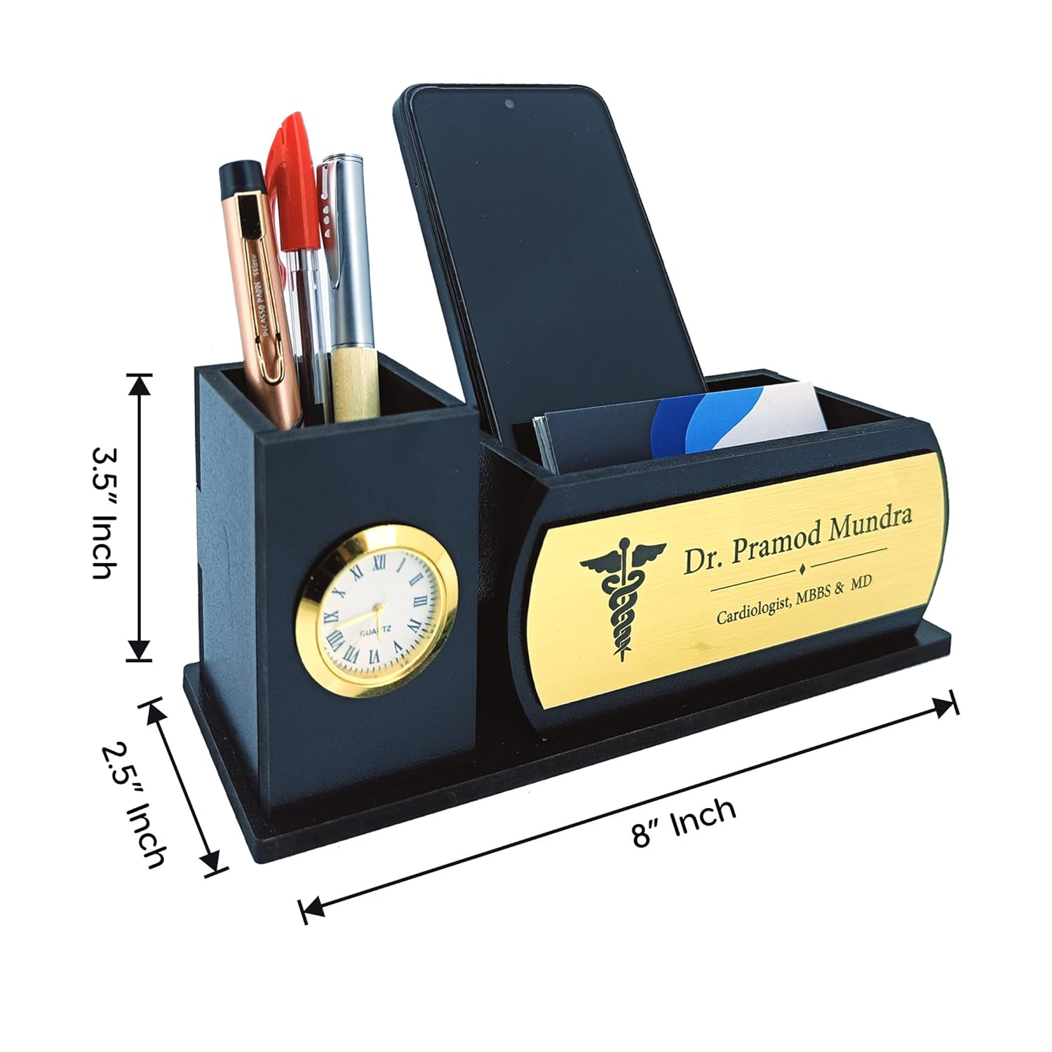 Professional Wooden Desk Organiser with Clock Name Plate – 2 Compartments offistoreindia