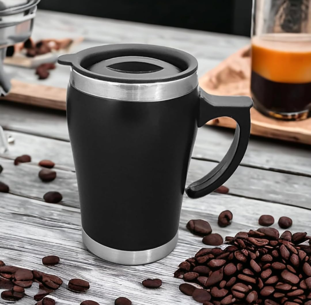 Stainless Steel Coffee and Tea Mug with Lid 350 ml (Black) offistoreindia