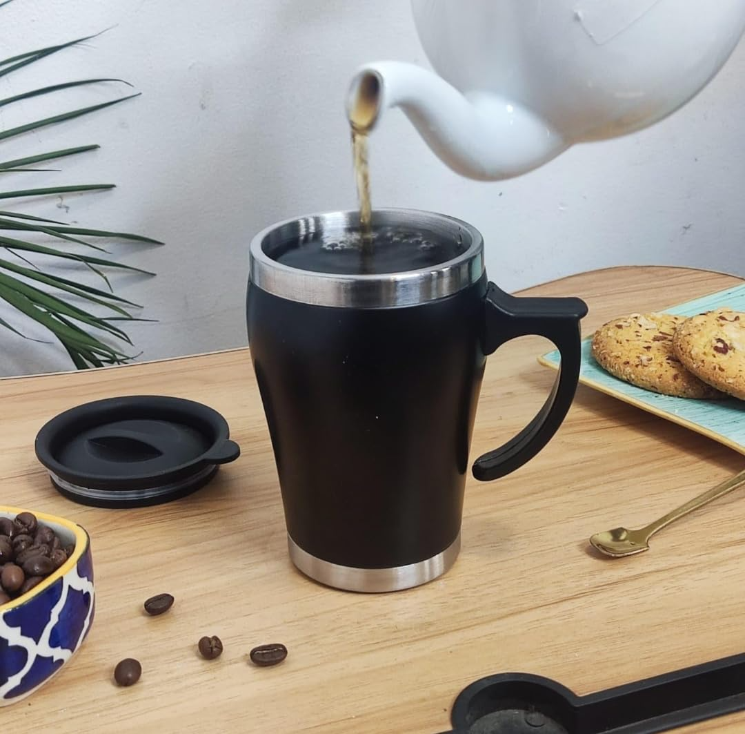 Stainless Steel Coffee and Tea Mug with Lid 350 ml (Black) offistoreindia