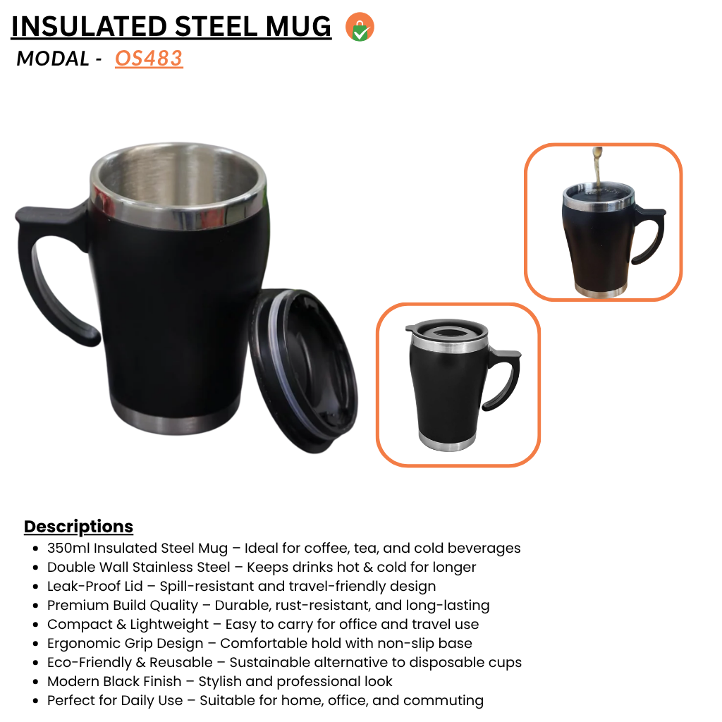 Stainless Steel Coffee and Tea Mug with Lid 350 ml (Black)