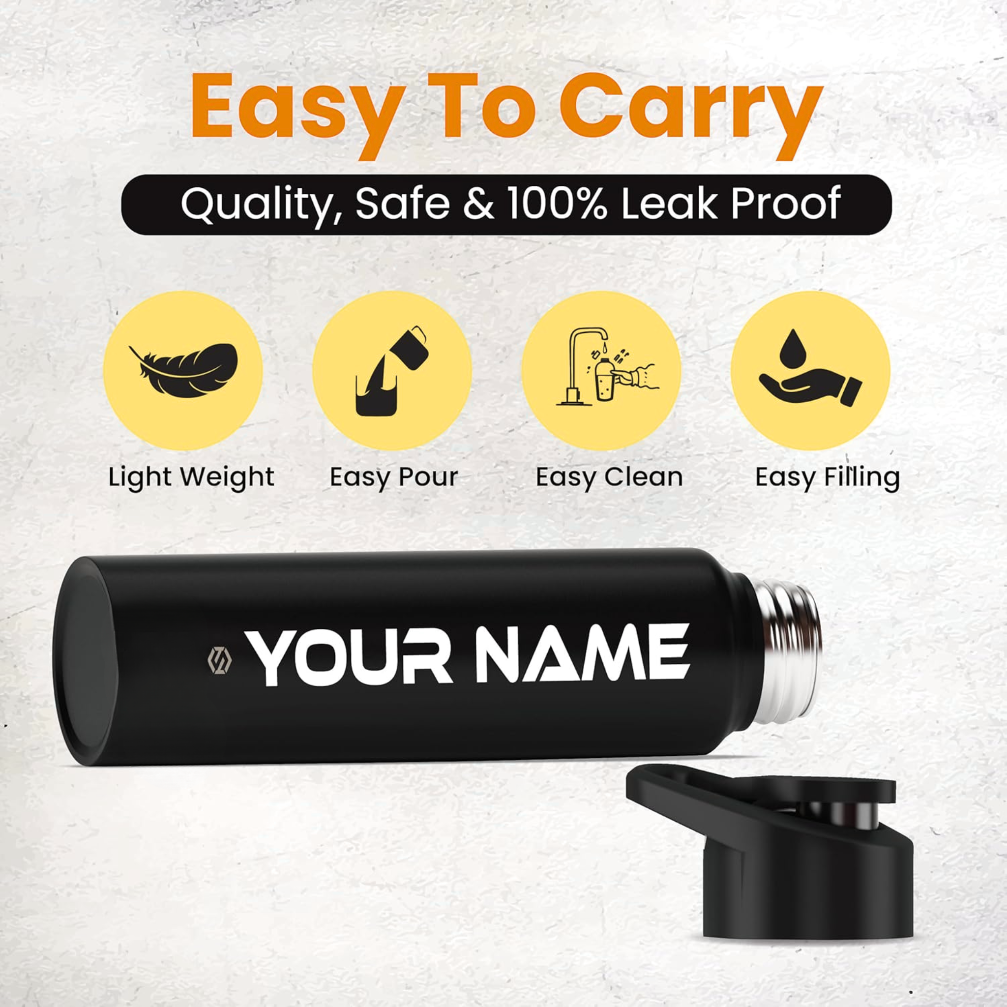 Stainless Steel Customized Sipper Water Bottle 1 Litre – Black (1000ml) offistoreindia