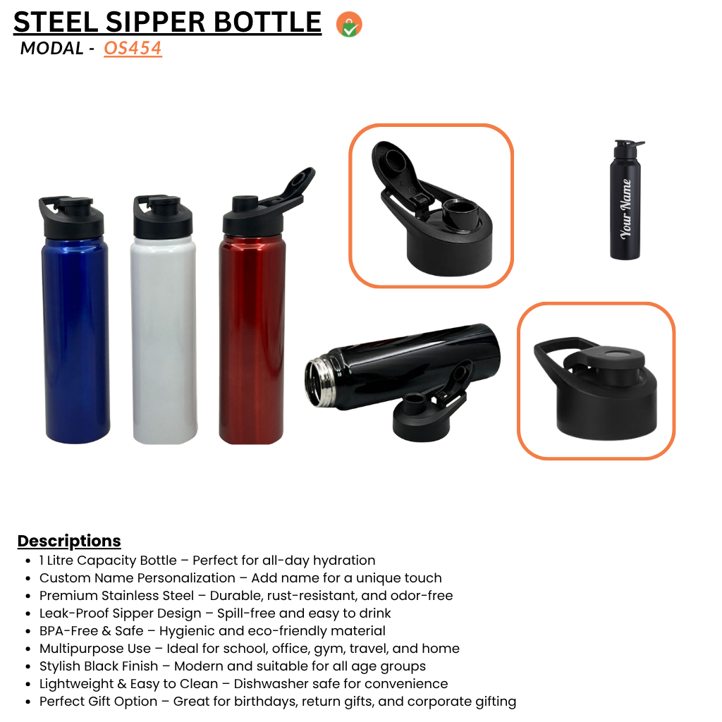 Stainless Steel Customized Sipper Water Bottle 1 Litre – Black (1000ml) offistoreindia