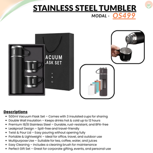 Stainless Steel Vacuum Flask Set with 3 Cups – 500ml Insulated Thermos Bottle
