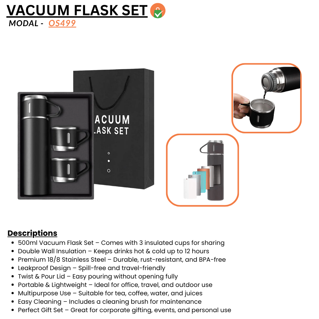 Stainless Steel Vacuum Flask Set with 3 Cups – 500ml Insulated Thermos Bottle